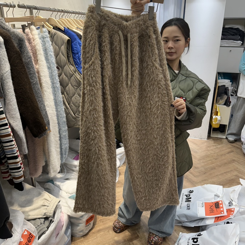 DE LINE韓國代購26秋季毛絨闊腿休閑褲闊腿褲毛絨抽繩棉DE LINE休閑褲圖色3