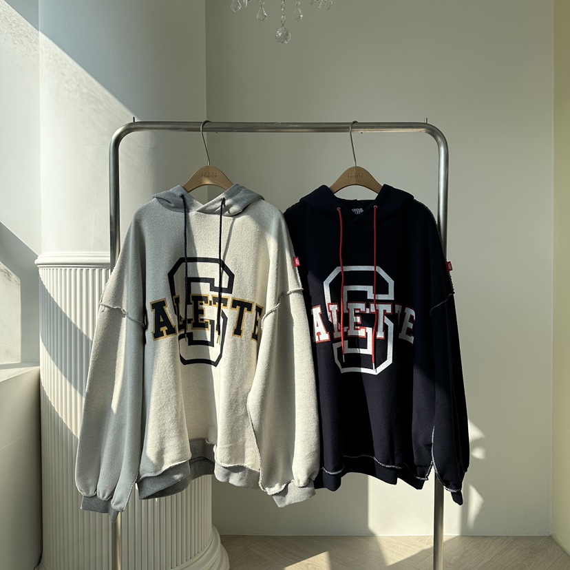 SEOUL PALETTE-Q東大門實拍26秋季oversize毛邊連帽衛衣字母撞SEOUL PALETTE-Q衛衣