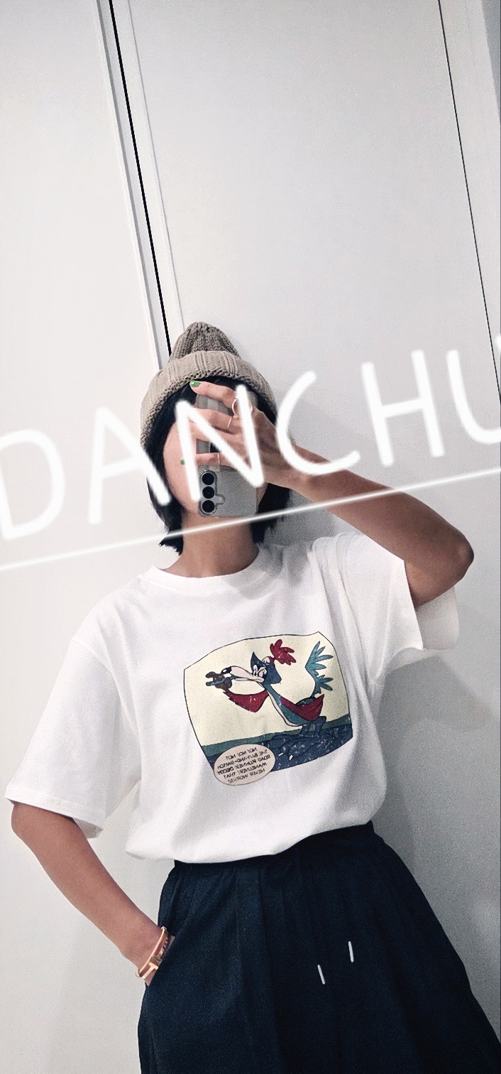 DANCHU東大門直郵26秋季圓領卷邊卡通印花T恤袖口卷邊圓領DANCHUT恤