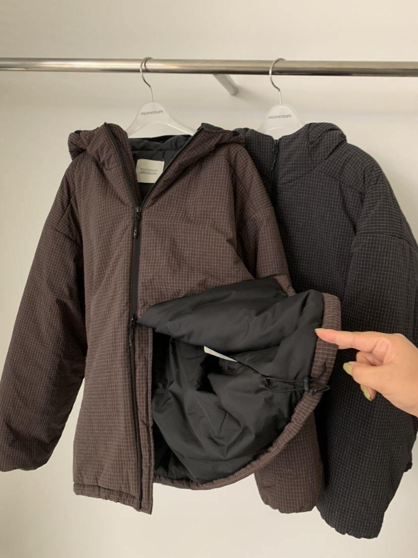 MOMENTUM東大門實拍26秋冬格紋抽繩棉服短款棉服羽絨服口袋抽MOMENTUM短款棉服