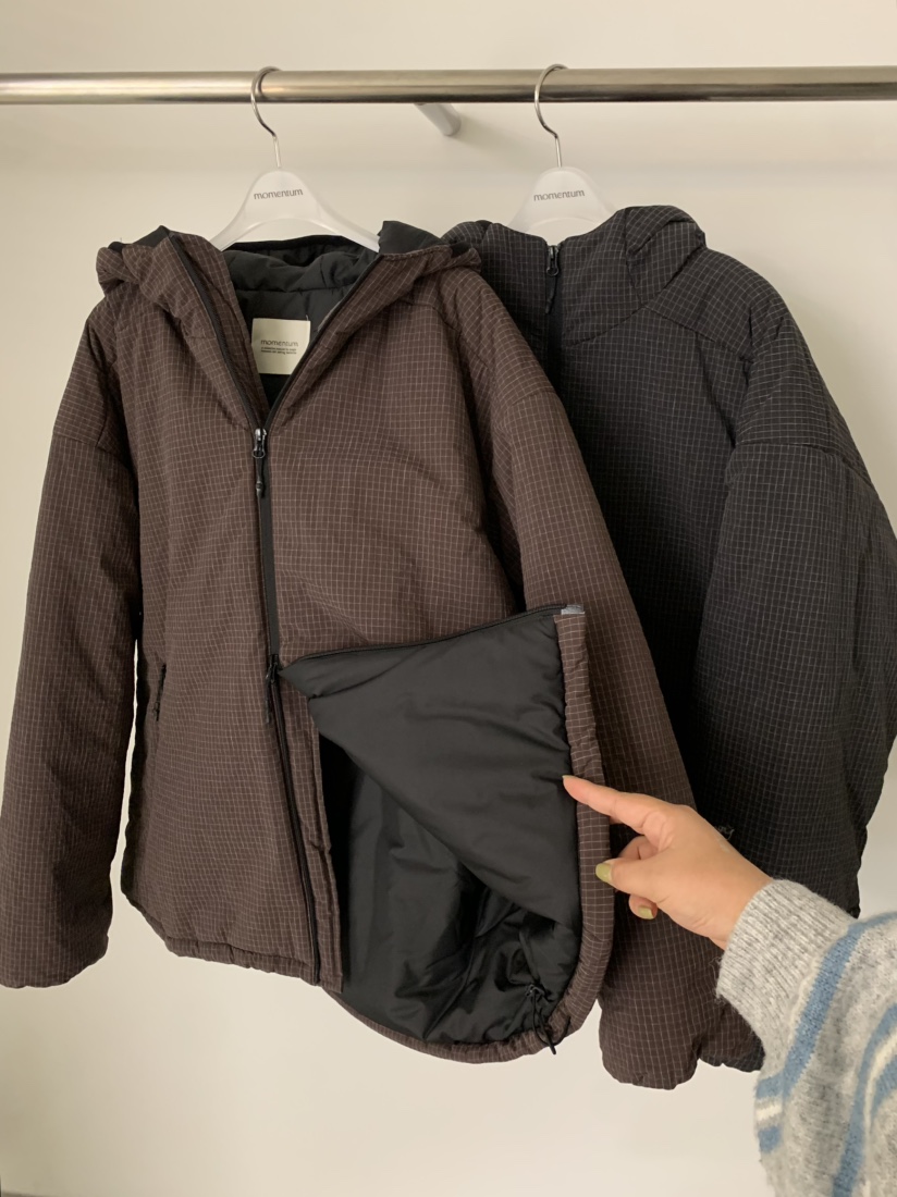 MOMENTUM東大門實拍26秋冬格紋抽繩棉服短款棉服羽絨服口袋抽MOMENTUM短款棉服