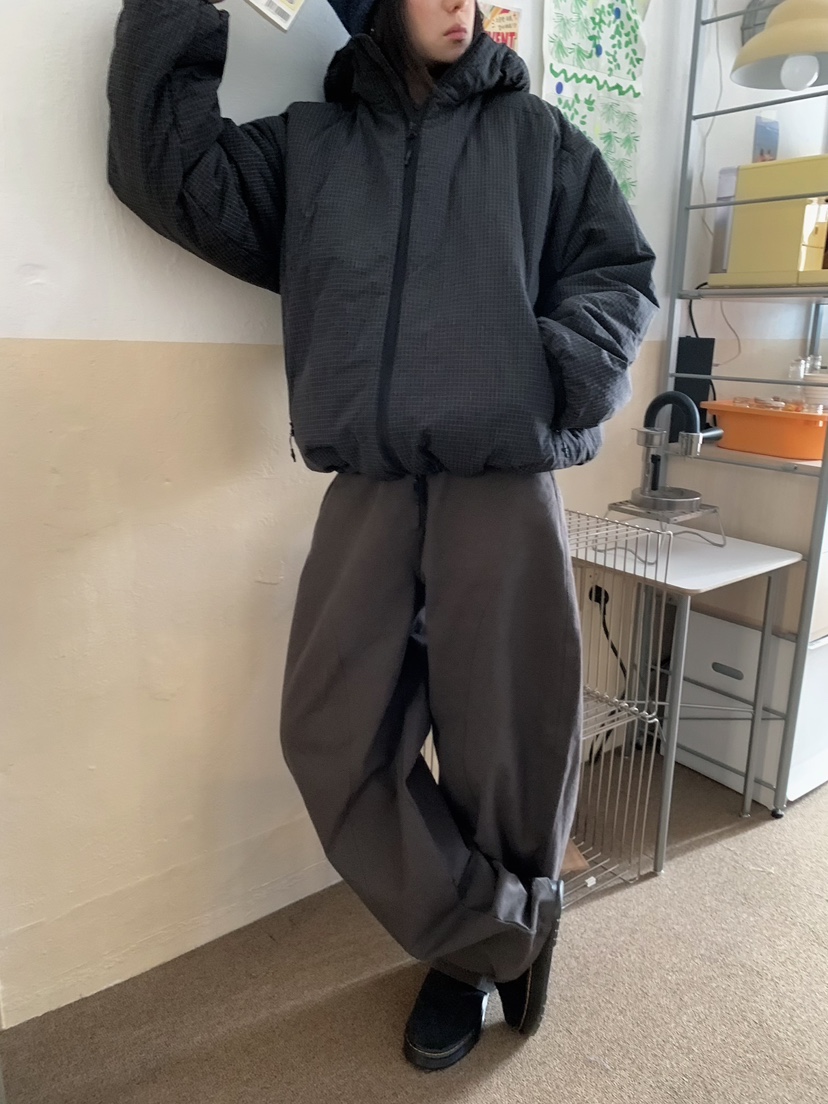 MOMENTUM東大門實拍26秋冬格紋抽繩棉服短款棉服羽絨服口袋抽MOMENTUM短款棉服