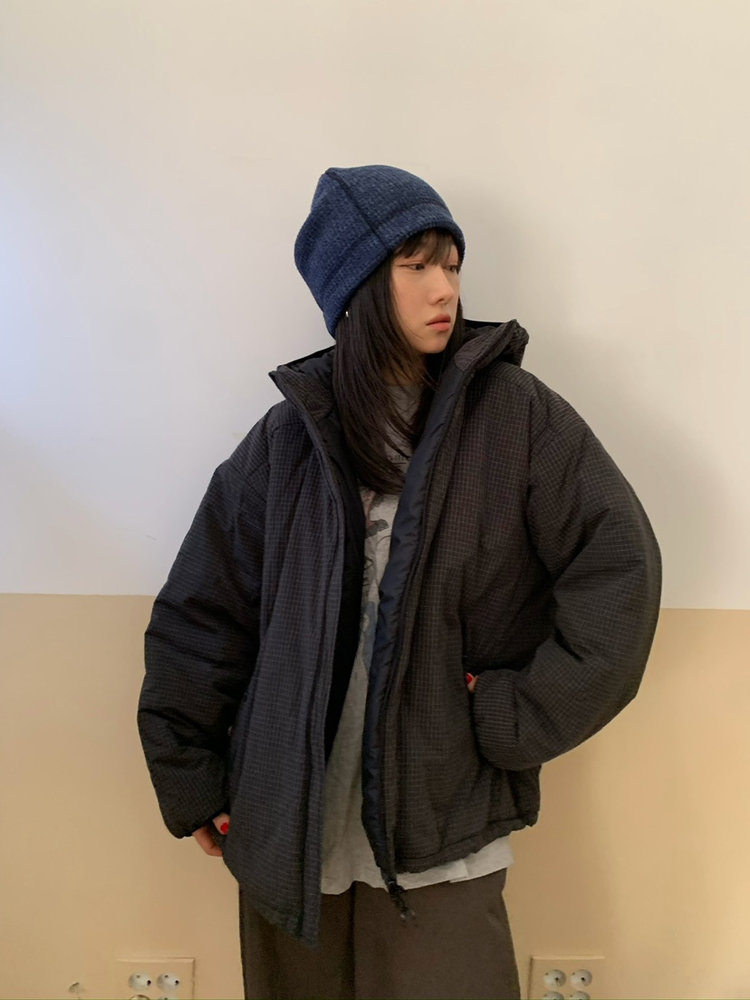 MOMENTUM東大門實拍26秋冬格紋抽繩棉服短款棉服羽絨服口袋抽MOMENTUM短款棉服