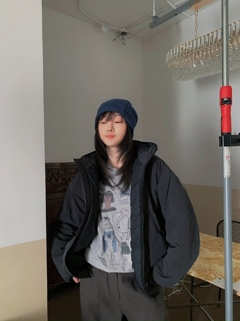 MOMENTUM東大門實拍26秋冬格紋抽繩棉服短款棉服羽絨服口袋抽MOMENTUM短款棉服
