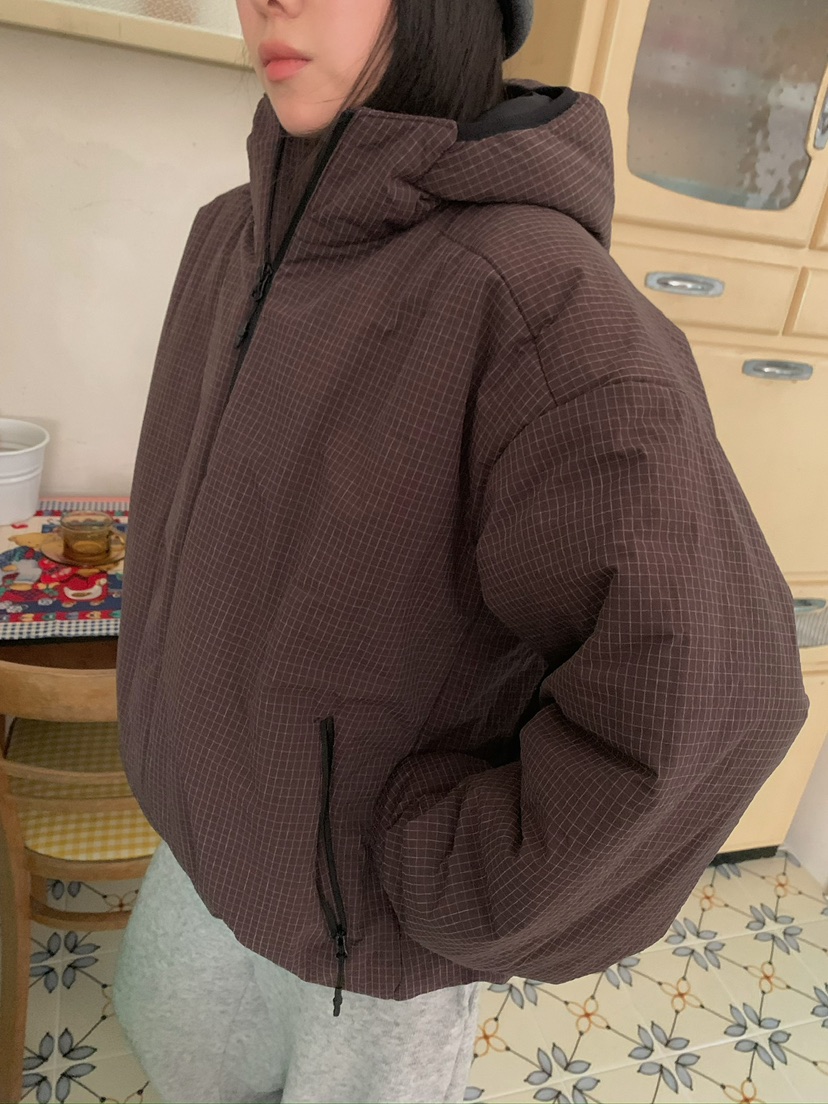 MOMENTUM東大門實拍26秋冬格紋抽繩棉服短款棉服羽絨服口袋抽MOMENTUM短款棉服