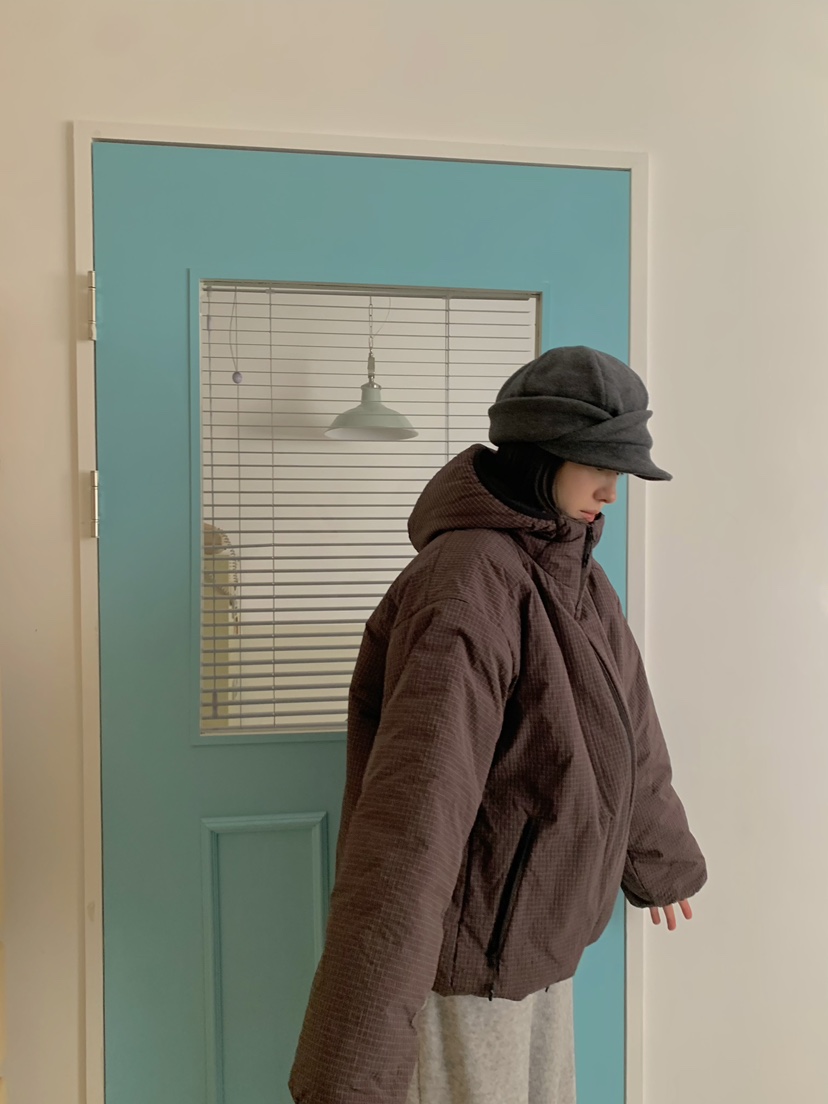 MOMENTUM東大門實拍26秋冬格紋抽繩棉服短款棉服羽絨服口袋抽MOMENTUM短款棉服