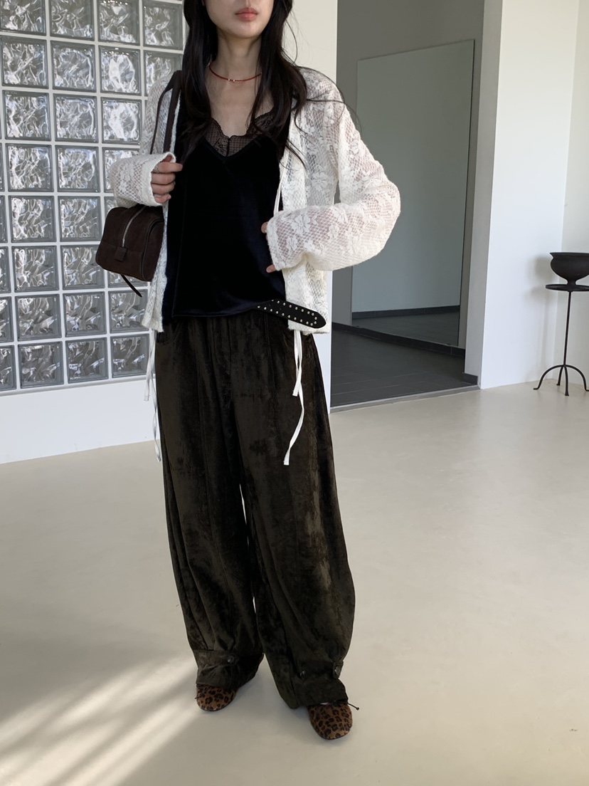 KYEM東大門實拍26秋季絲絨闊腿休閑褲不含腰帶天鵝絨可調節寬KYEM休閑褲