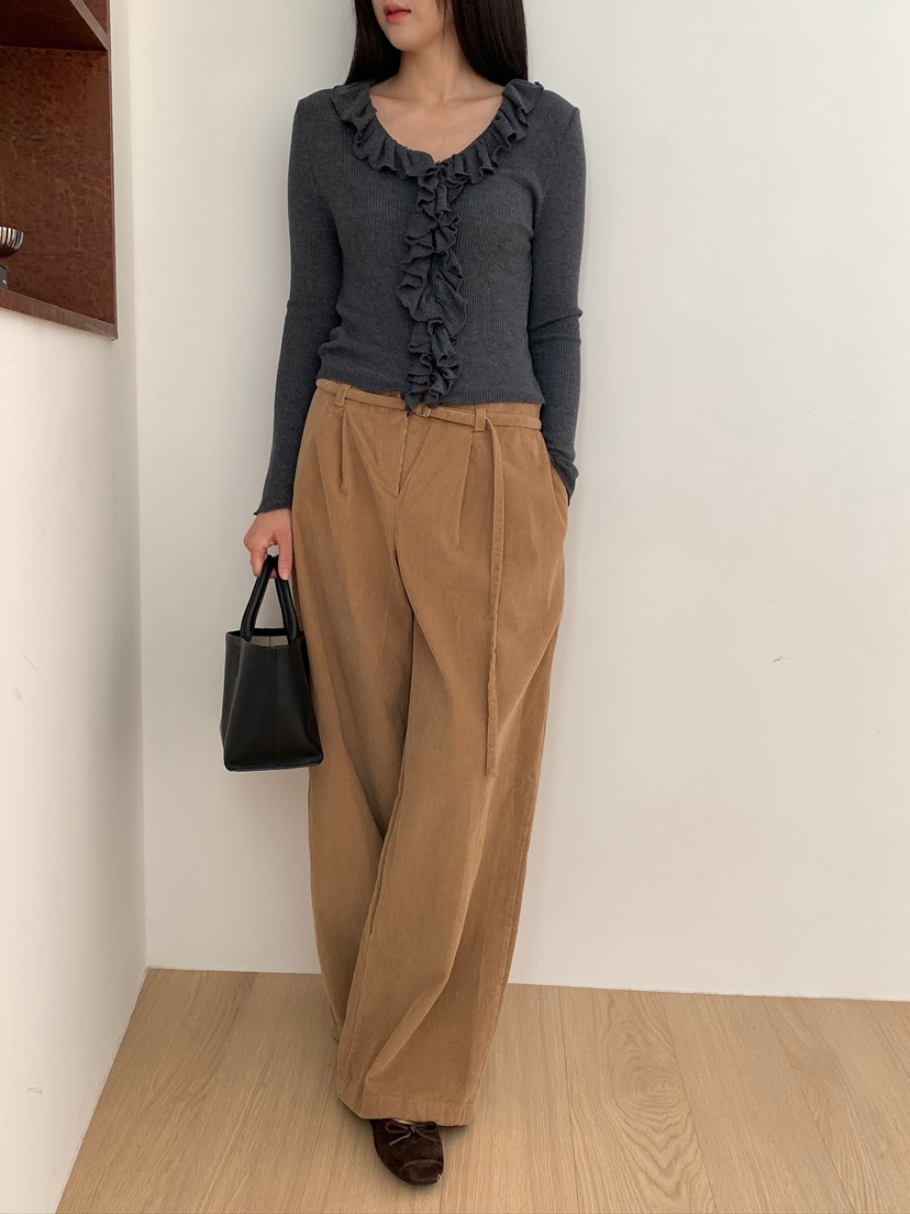 BLEECKER韓國直郵26秋冬短款荷葉邊針織T恤長袖T恤荷葉邊V領短BLEECKER長袖T恤