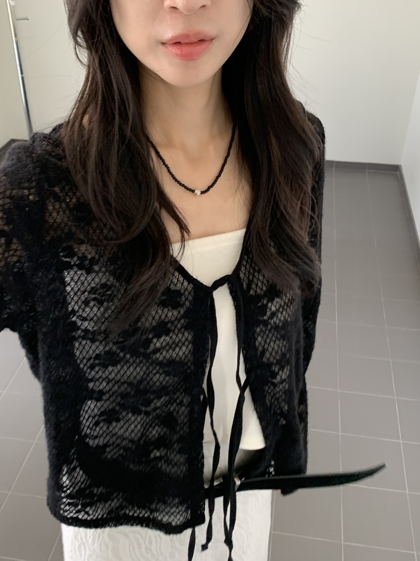 KYEM東大門代購26秋季蕾絲系帶短款開衫不含內搭V領系帶短款蕾KYEM開衫