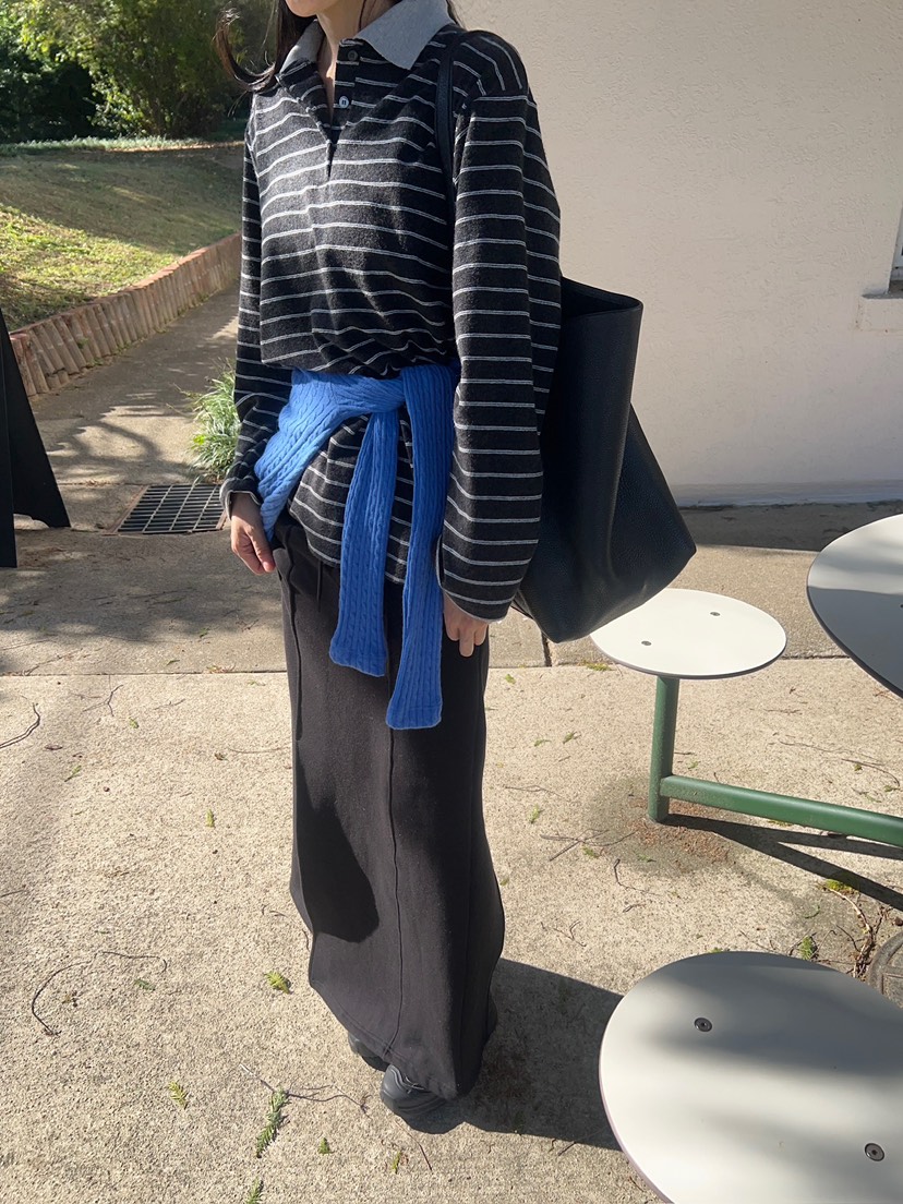 ANOTHER AVENUE韓國代購26秋季撞色翻領條紋長袖T恤落肩撞色翻ANOTHER AVENUE長袖T恤