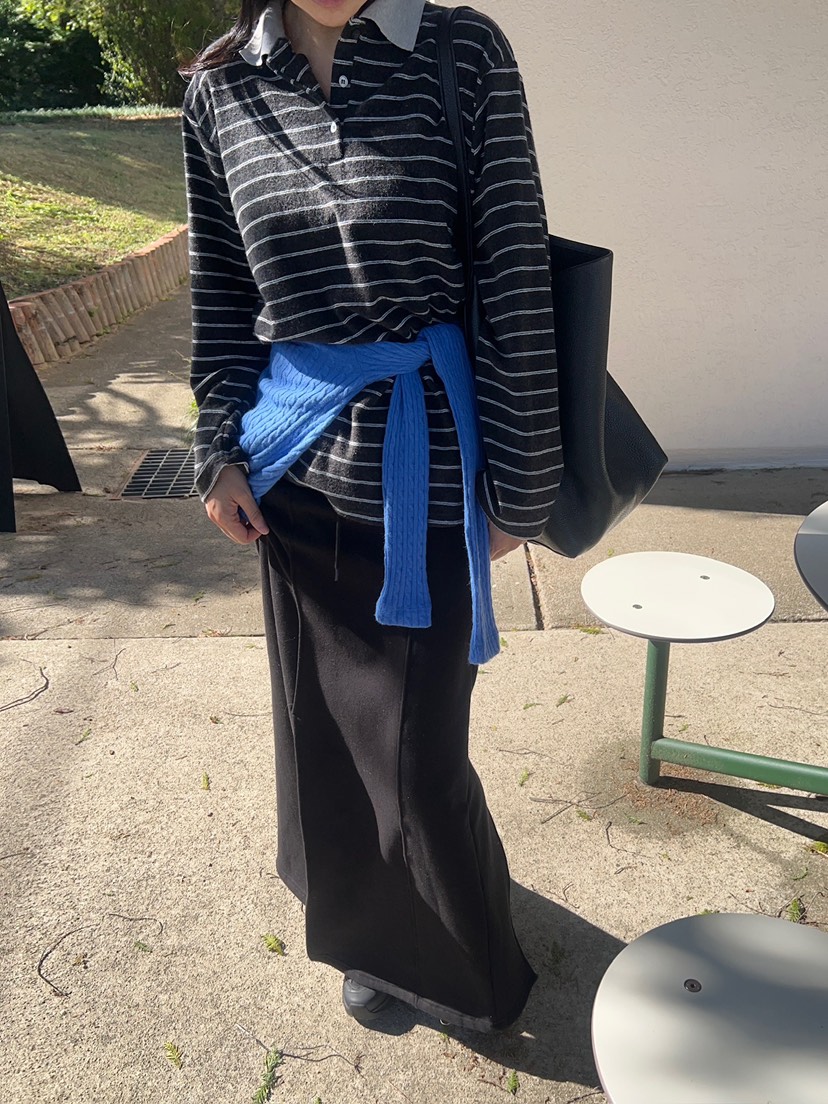 ANOTHER AVENUE韓國代購26秋季撞色翻領條紋長袖T恤落肩撞色翻ANOTHER AVENUE長袖T恤