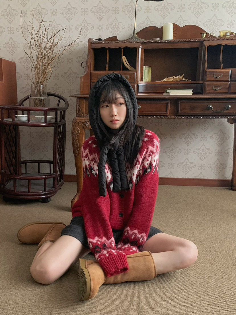 MOMENTUM東大門實拍26秋冬復古費爾島針織開衫單排扣提花落肩MOMENTUM開衫