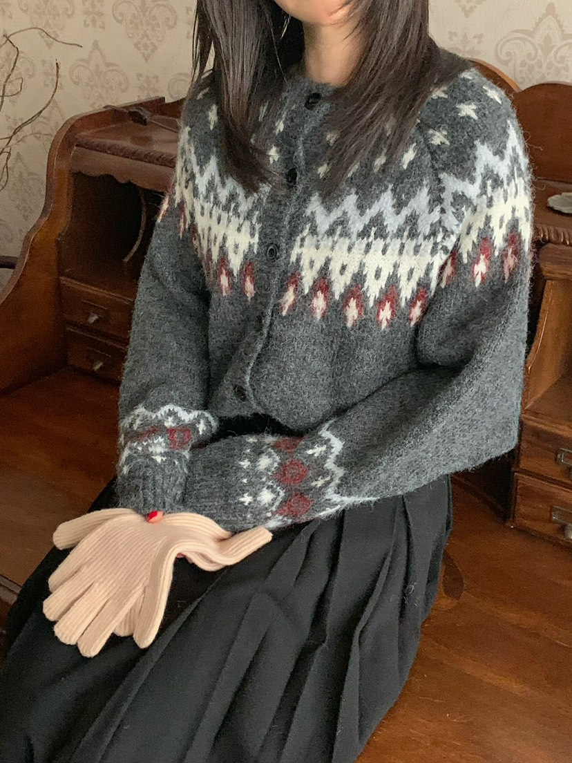 MOMENTUM東大門實拍26秋冬復古費爾島針織開衫單排扣提花落肩MOMENTUM開衫