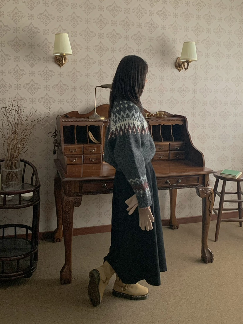 MOMENTUM東大門實拍26秋冬復古費爾島針織開衫單排扣提花落肩MOMENTUM開衫