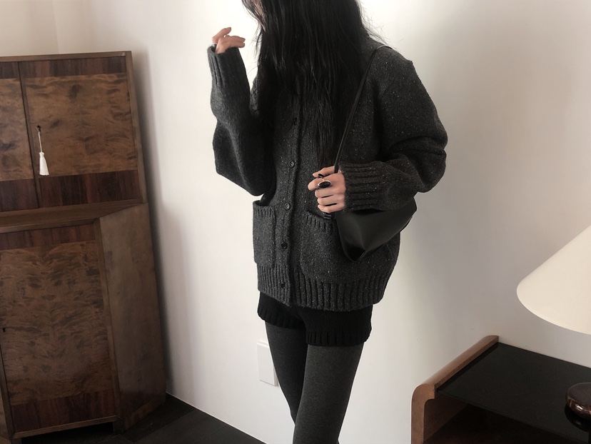 LE BUTTER東大門代購26秋季寬松雜色針織開衫單排扣口袋落肩寬LE BUTTER開衫