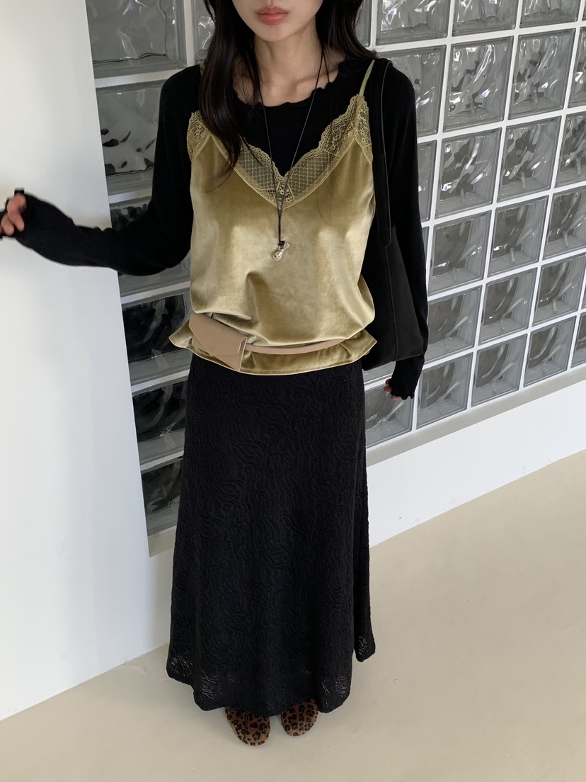 KYEM韓國直郵26秋冬蕾絲及踝長裙不含腰帶垂墜高腰蕾絲絲絨寬KYEM長裙圖色3