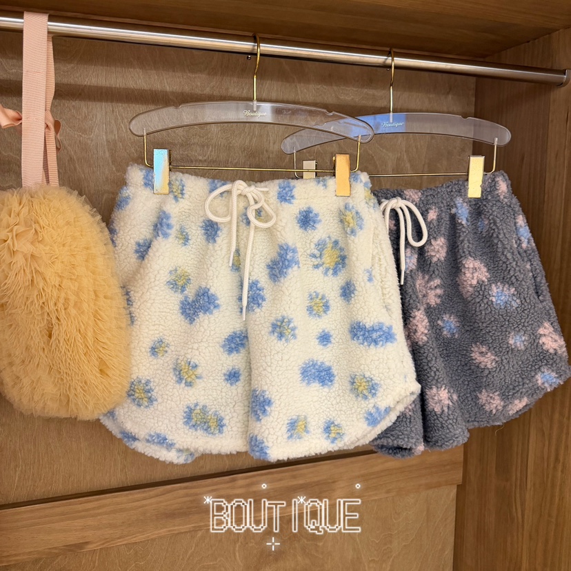 BOUTIQUE-L東大門代購26秋冬羊羔毛雪花短褲 居家休閑抽繩直筒BOUTIQUE-L短褲