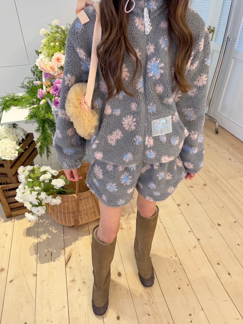 BOUTIQUE-L東大門代購26秋冬羊羔毛雪花短褲 居家休閑抽繩直筒BOUTIQUE-L短褲