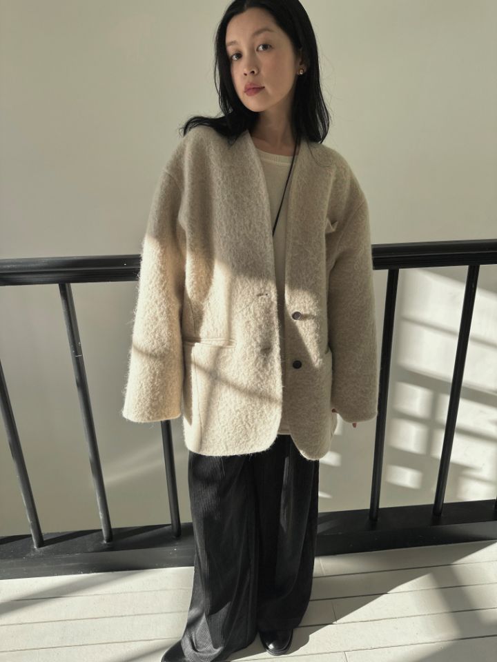 MARE韓國直郵26秋冬V領寬松刷毛中長款大衣單排扣V領口袋涂層MARE中長款大衣圖色1