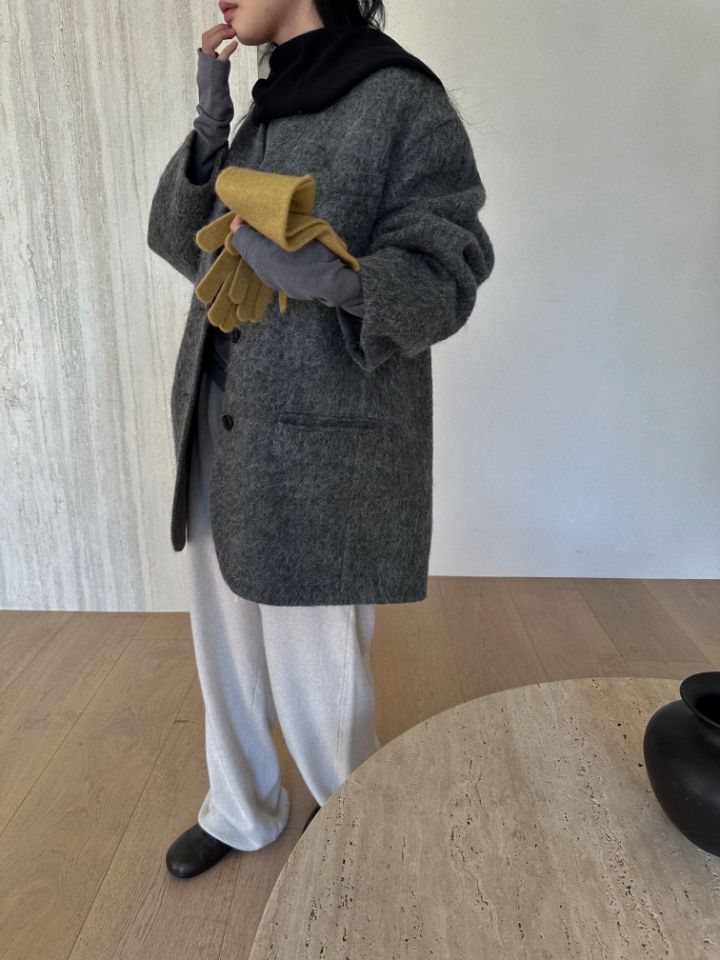MARE韓國直郵26秋冬V領寬松刷毛中長款大衣單排扣V領口袋涂層MARE中長款大衣圖色2