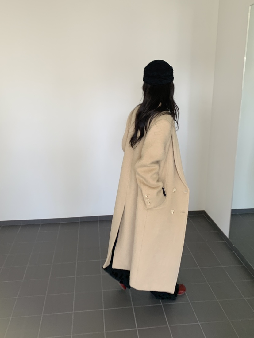 KYEM韓國直郵26秋冬雙排扣毛呢中長款大衣西裝翻領口袋直筒KYEM中長款大衣