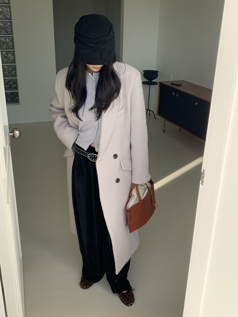 KYEM韓國直郵26秋冬雙排扣毛呢中長款大衣西裝翻領口袋直筒KYEM中長款大衣