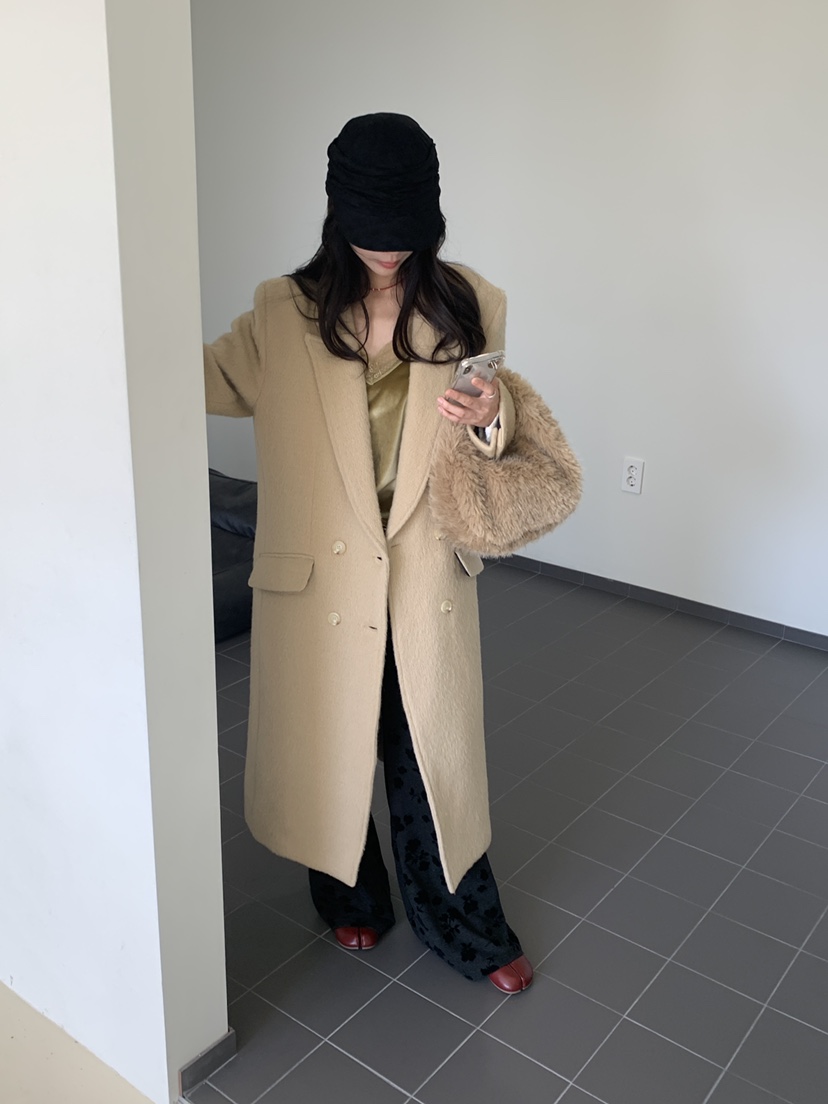 KYEM韓國直郵26秋冬雙排扣毛呢中長款大衣西裝翻領口袋直筒KYEM中長款大衣