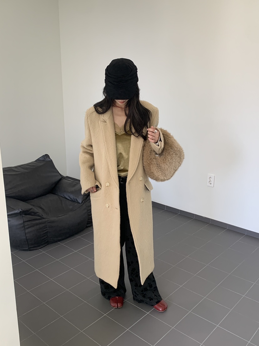 KYEM韓國直郵26秋冬雙排扣毛呢中長款大衣西裝翻領口袋直筒KYEM中長款大衣