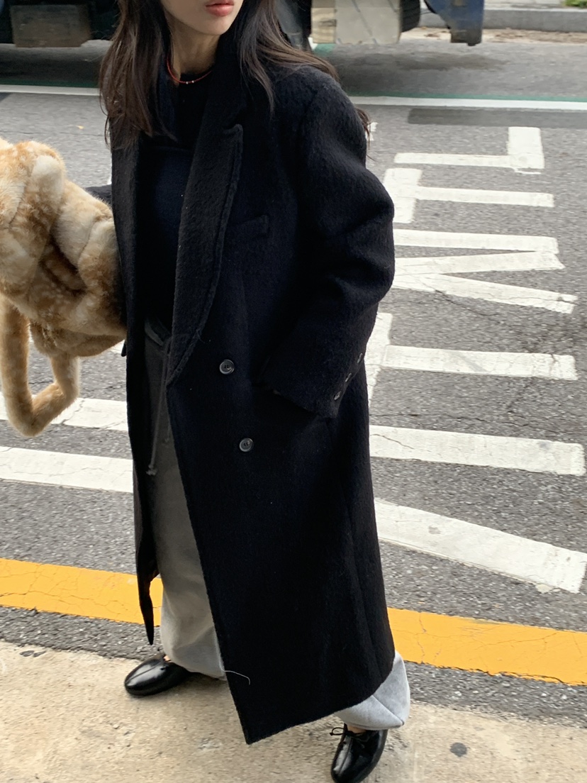 KYEM韓國直郵26秋冬雙排扣毛呢中長款大衣西裝翻領口袋直筒KYEM中長款大衣