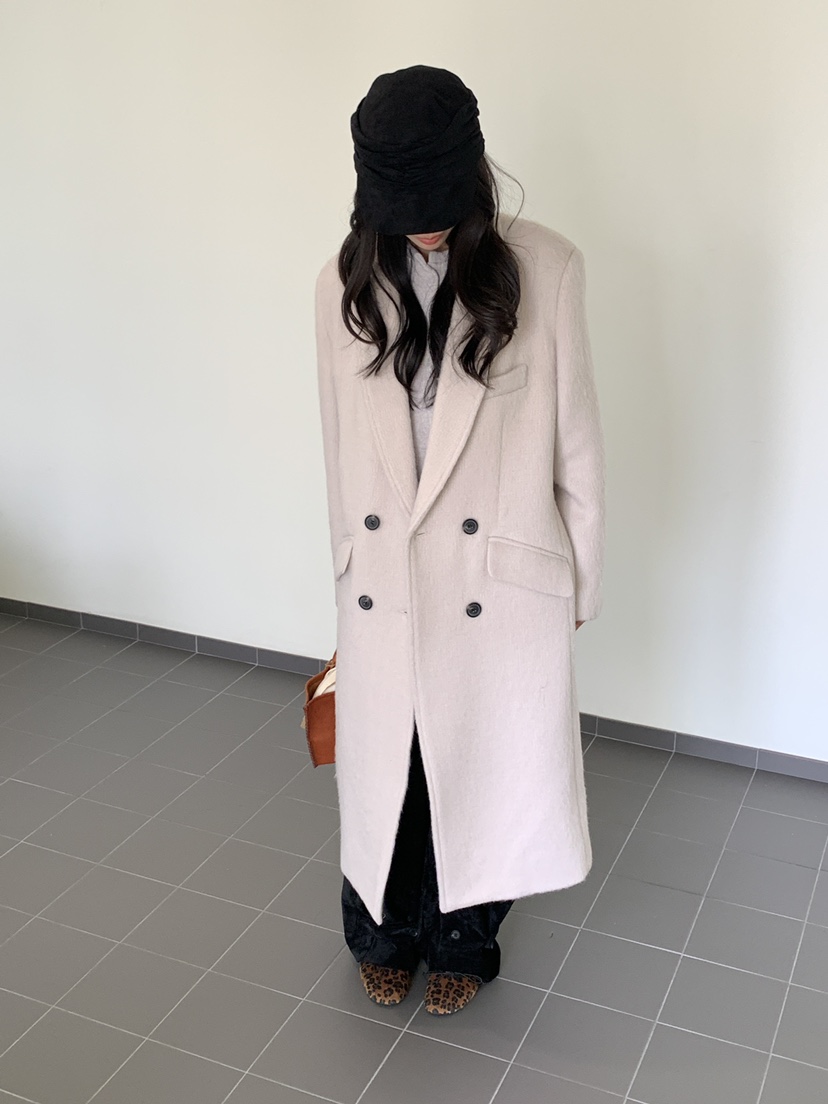 KYEM韓國直郵26秋冬雙排扣毛呢中長款大衣西裝翻領口袋直筒KYEM中長款大衣圖色2
