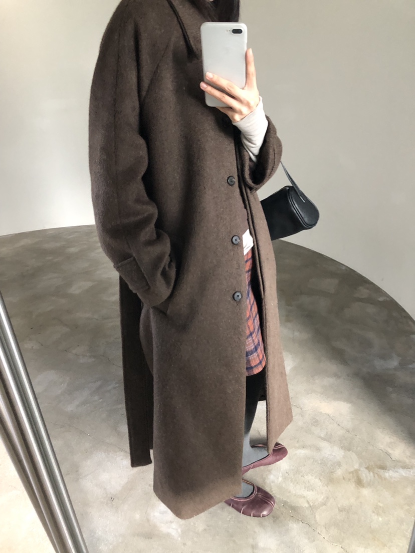 MURMUR東大門代購26秋冬翻領毛呢長款大衣中長款大衣翻領單排MURMUR中長款大衣