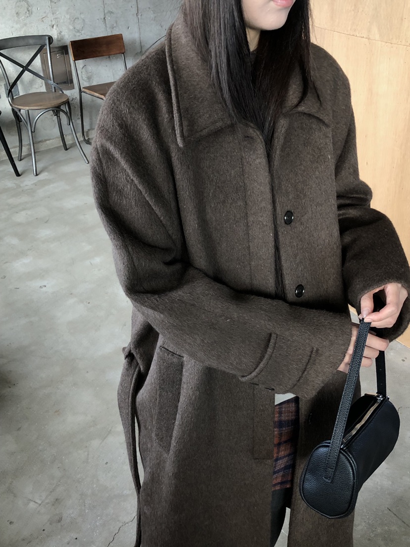 MURMUR東大門代購26秋冬翻領毛呢長款大衣中長款大衣翻領單排MURMUR中長款大衣