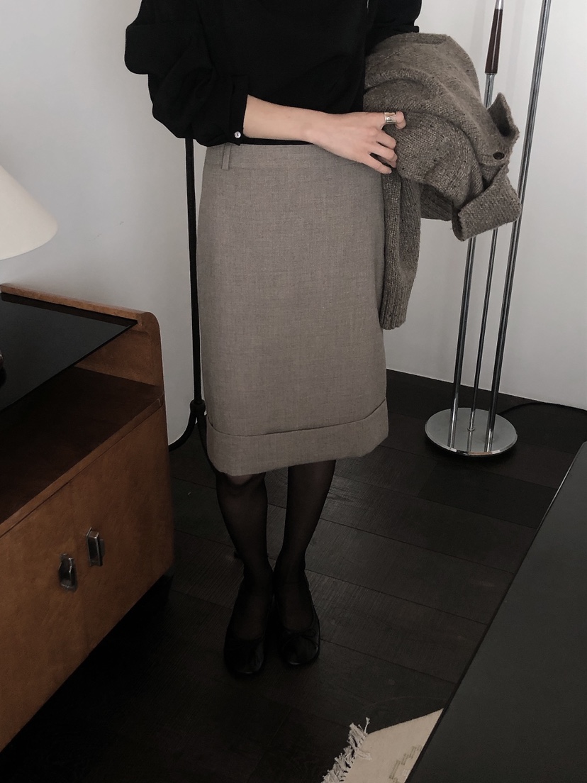 LE BUTTER韓國直郵26秋冬翻邊羊毛通勤半裙半身裙中短裙直筒LE BUTTER半身裙/中短裙