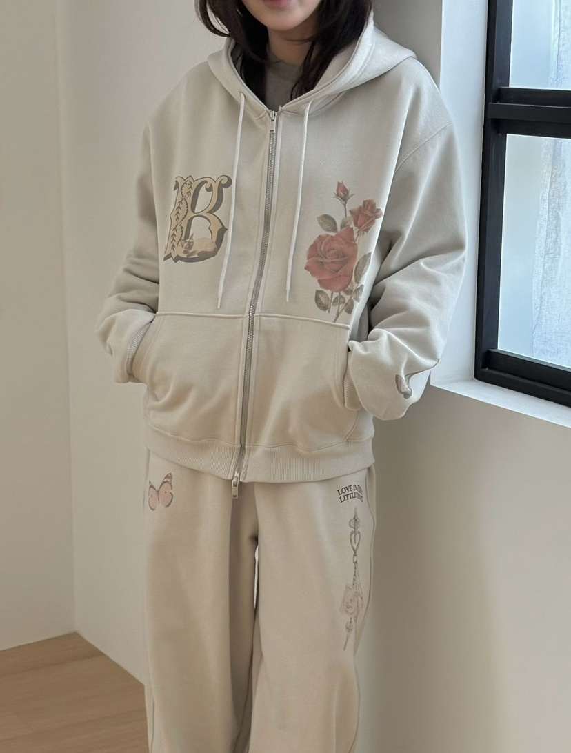 BINUS韓國代購26秋冬復古蝴蝶印花闊腿休閑褲口袋抽繩垂墜寬松BINUS休閑褲