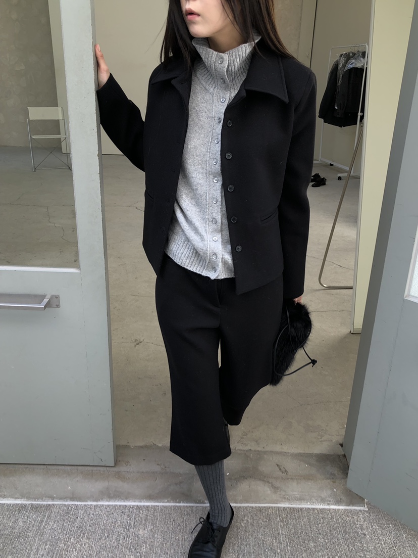MURMUR東大門實拍26秋冬短款翻領毛呢夾克單排扣口袋翻領MURMUR夾克