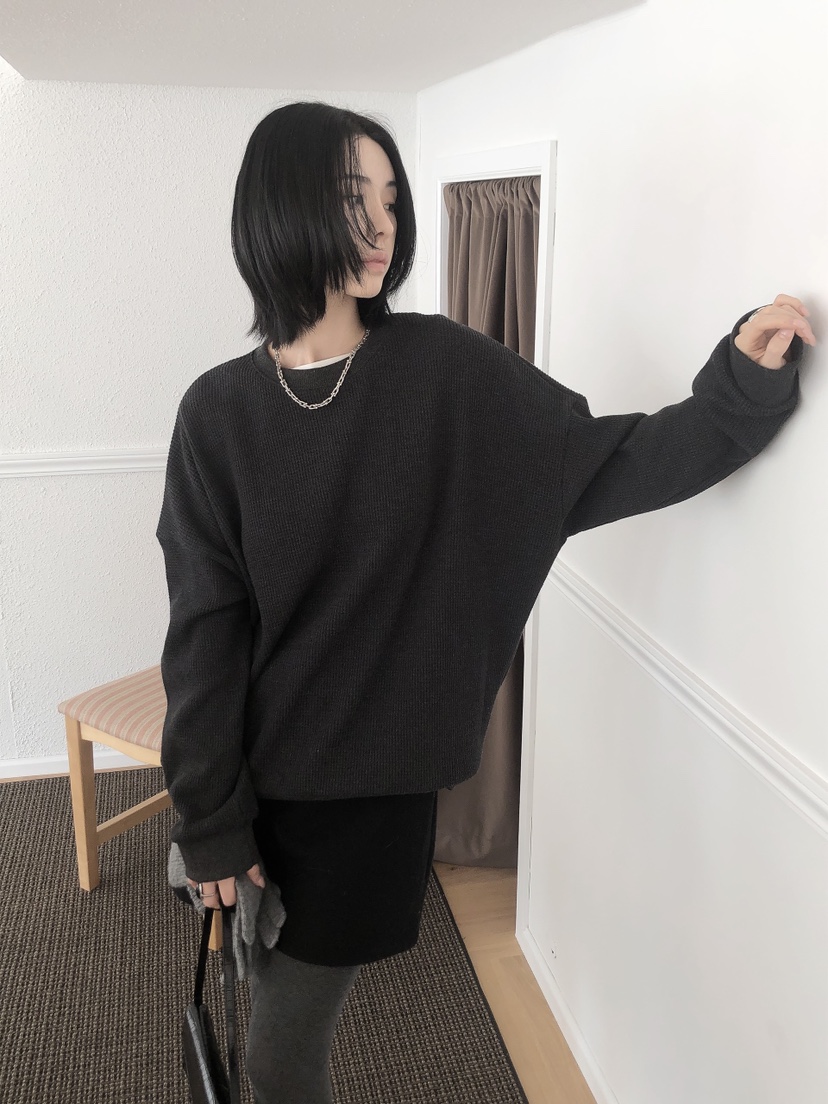 LE BUTTER韓國代購26秋冬華夫格寬松衛衣華夫格格紋落肩圓領寬LE BUTTER衛衣