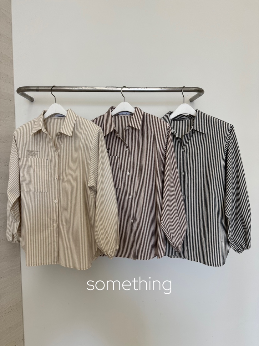 SOMETHING-L/FANCY東大門實拍26秋冬燈籠袖條紋襯衫蕾絲衫直筒SOMETHING-L/FANCY襯衫/蕾絲衫