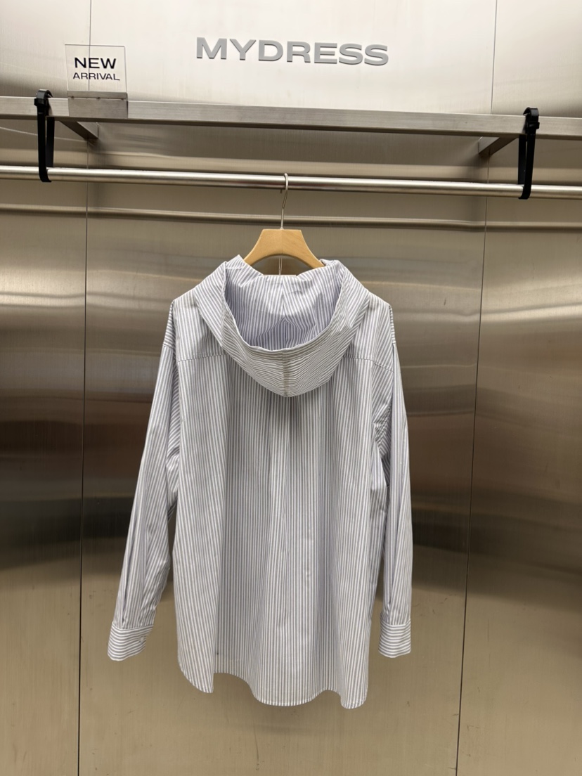 MYDRESS東大門實拍26秋季寬松連帽條紋襯衫蕾絲衫落肩寬松開襟MYDRESS襯衫/蕾絲衫