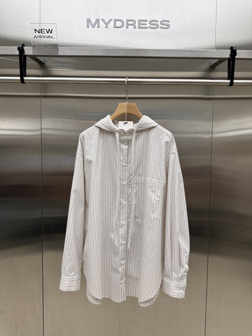 MYDRESS東大門實拍26秋季寬松連帽條紋襯衫蕾絲衫落肩寬松開襟MYDRESS襯衫/蕾絲衫圖色2