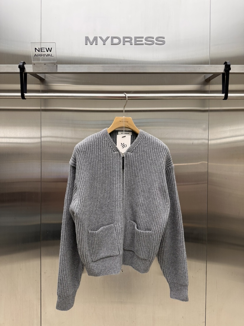 MYDRESS東大門直郵26秋冬現代拉鏈開衫毛衣拉鏈開合口袋條紋羅MYDRESS毛衣圖色2