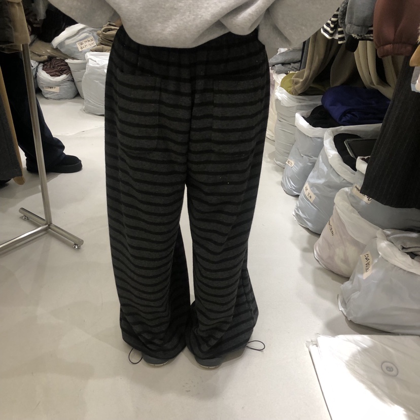 YUNBAL韓國代購26秋季條紋加絨闊腿休閑褲加絨抽繩直筒YUNBAL休閑褲