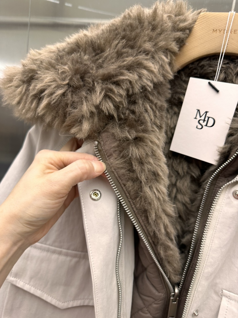 MYDRESS韓國直郵26秋季毛領夾棉工裝外套長款棉服插肩袖毛皮毛MYDRESS長款棉服