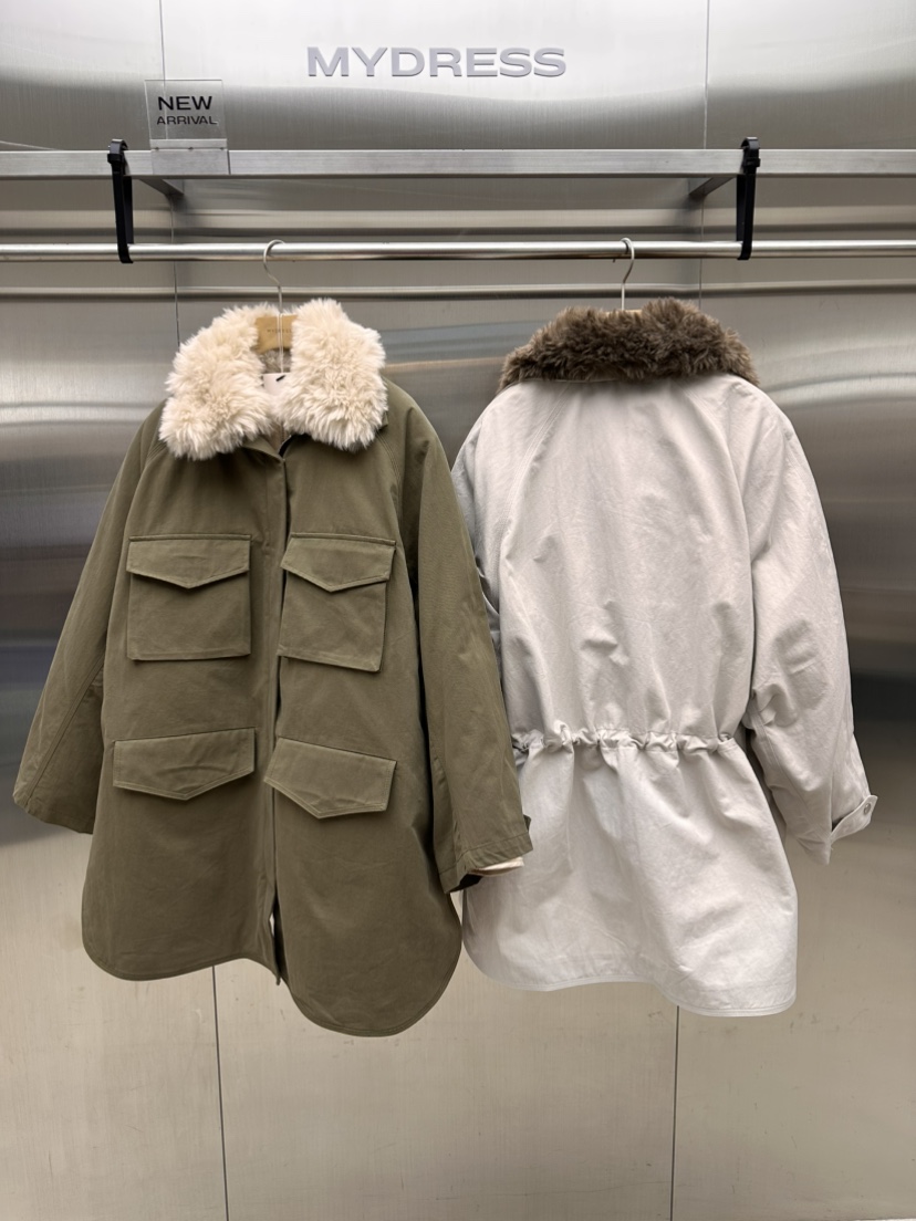 MYDRESS韓國直郵26秋季毛領夾棉工裝外套長款棉服插肩袖毛皮毛MYDRESS長款棉服