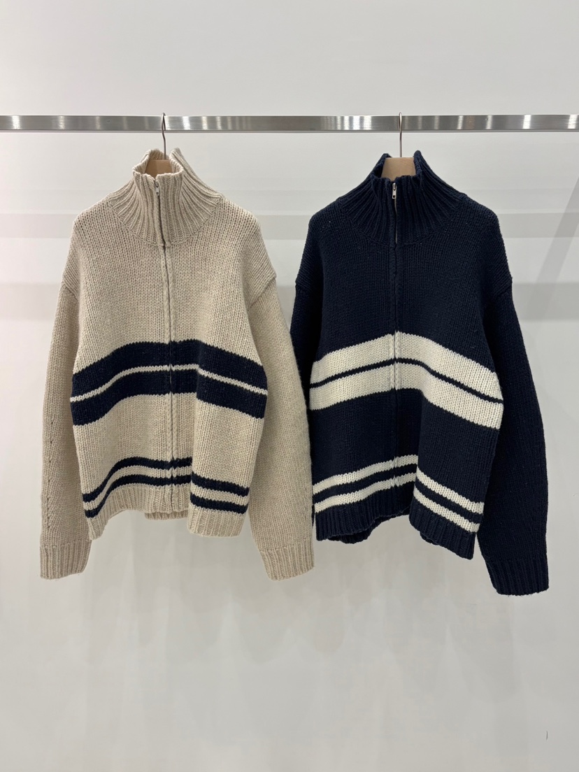 J_SHOP東大門實拍26秋季立領拉鏈條紋針織開衫毛衣拉鏈開合立J_SHOP毛衣