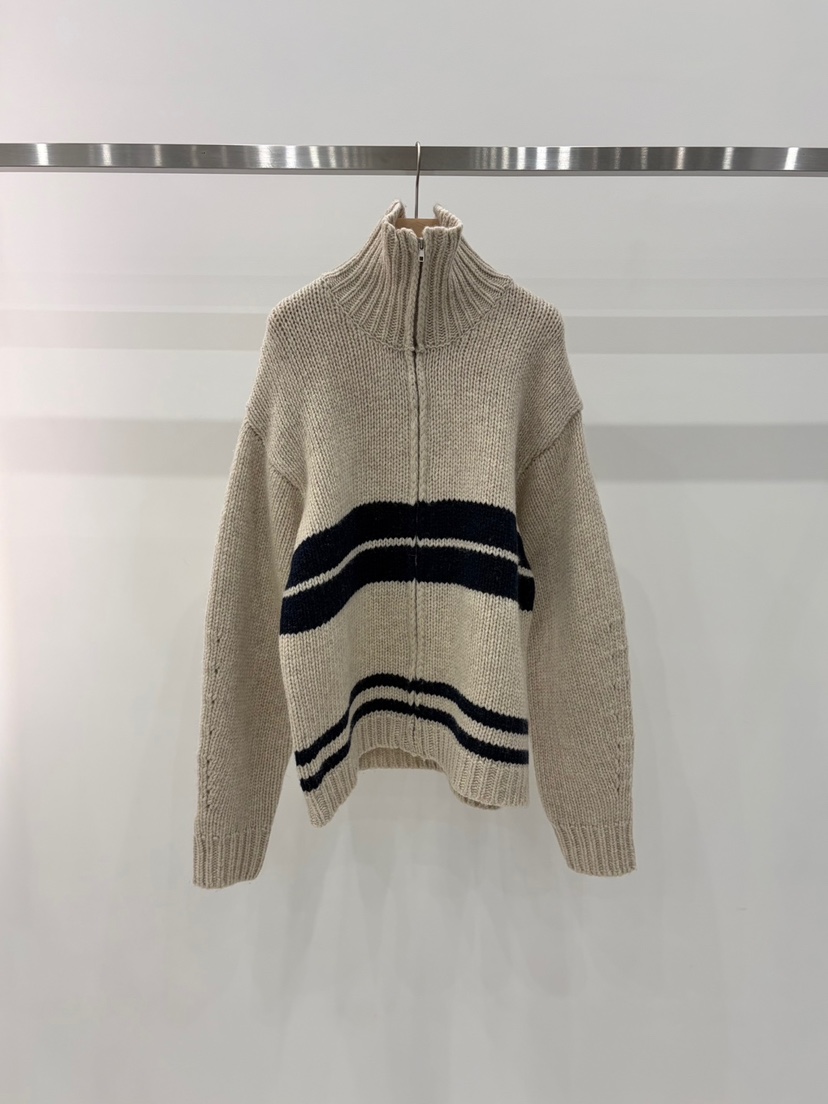 J_SHOP東大門實拍26秋季立領拉鏈條紋針織開衫毛衣拉鏈開合立J_SHOP毛衣圖色1