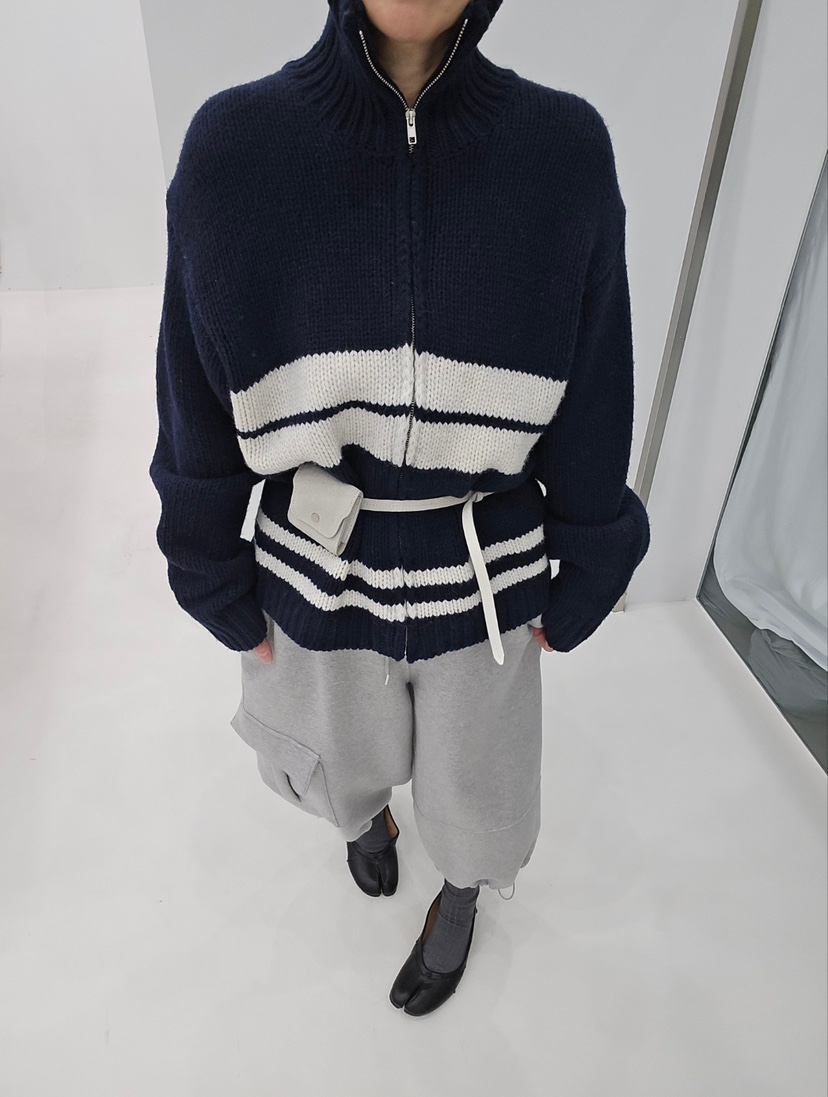 J_SHOP東大門實拍26秋季立領拉鏈條紋針織開衫毛衣拉鏈開合立J_SHOP毛衣圖色2藏藍色