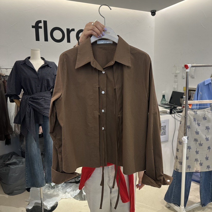 floral東大門代購26秋冬短款系帶假兩件襯衫蕾絲衫假兩件系帶floral襯衫/蕾絲衫圖色2