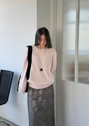 AMY GRACE東大門直郵26秋冬圓領落肩針織毛衣針織衫落肩圓領寬AMY GRACE針織衫