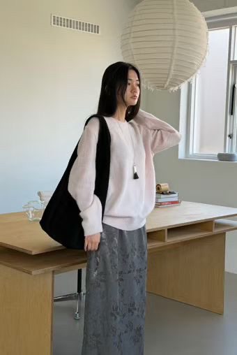 AMY GRACE東大門直郵26秋冬圓領落肩針織毛衣針織衫落肩圓領寬AMY GRACE針織衫