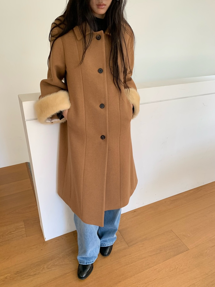 LOVEMYSANTA東大門代購26秋冬毛呢拼接袖大衣中長款大衣翻領單LOVEMYSANTA中長款大衣